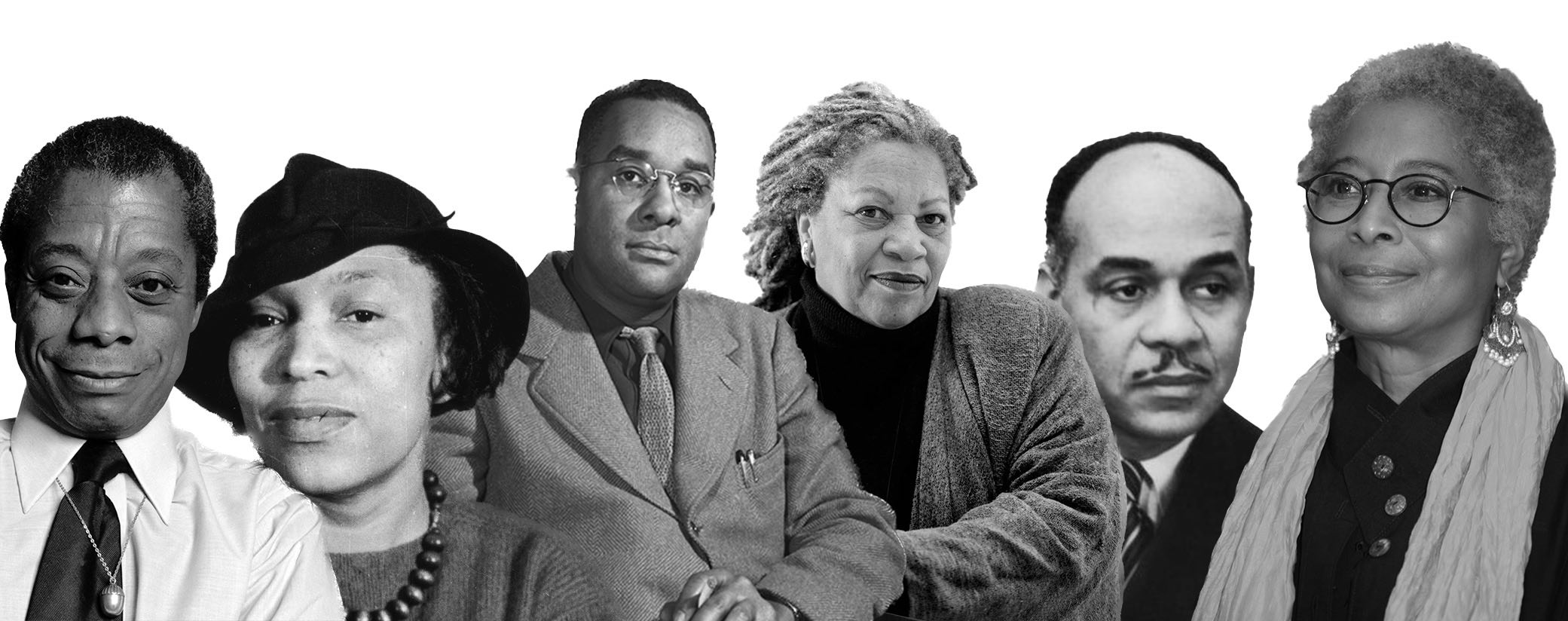 portraits of authors James
          Baldwin, Ralph Ellison, Zora Neale Hurston, Toni Morrison, Alice
          Walker, and Richard Wright.